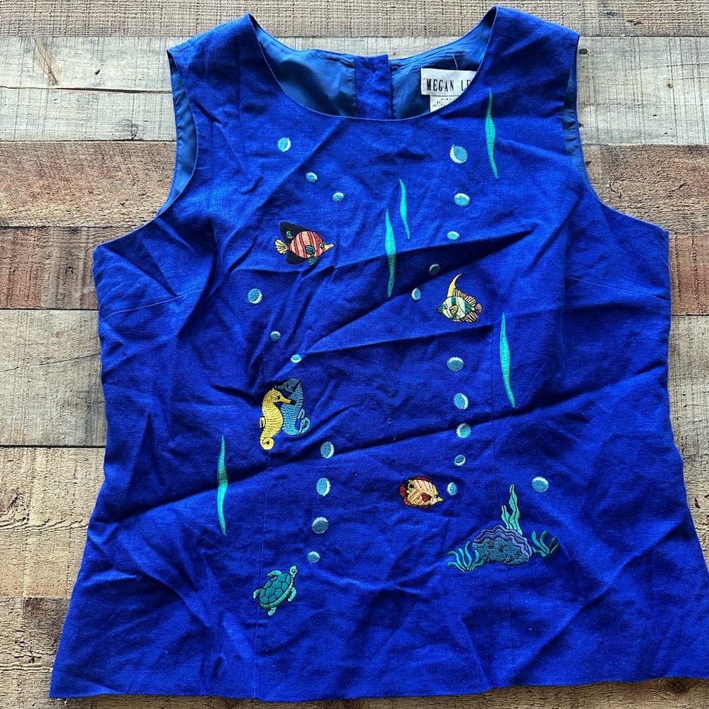 Megan Lee vintage Blue Sleeveless Top with Sea Life Embroidery